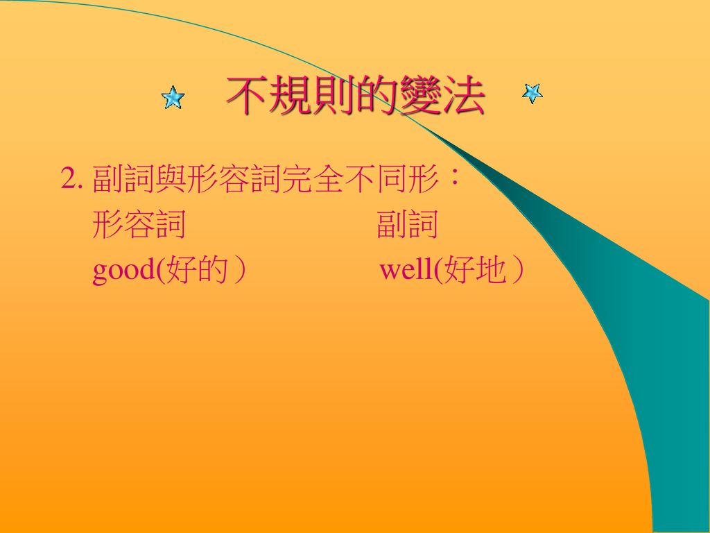 不規則的變法 2. 副詞與形容詞完全不同形： 形容詞 副詞 good(好的） well(好地）