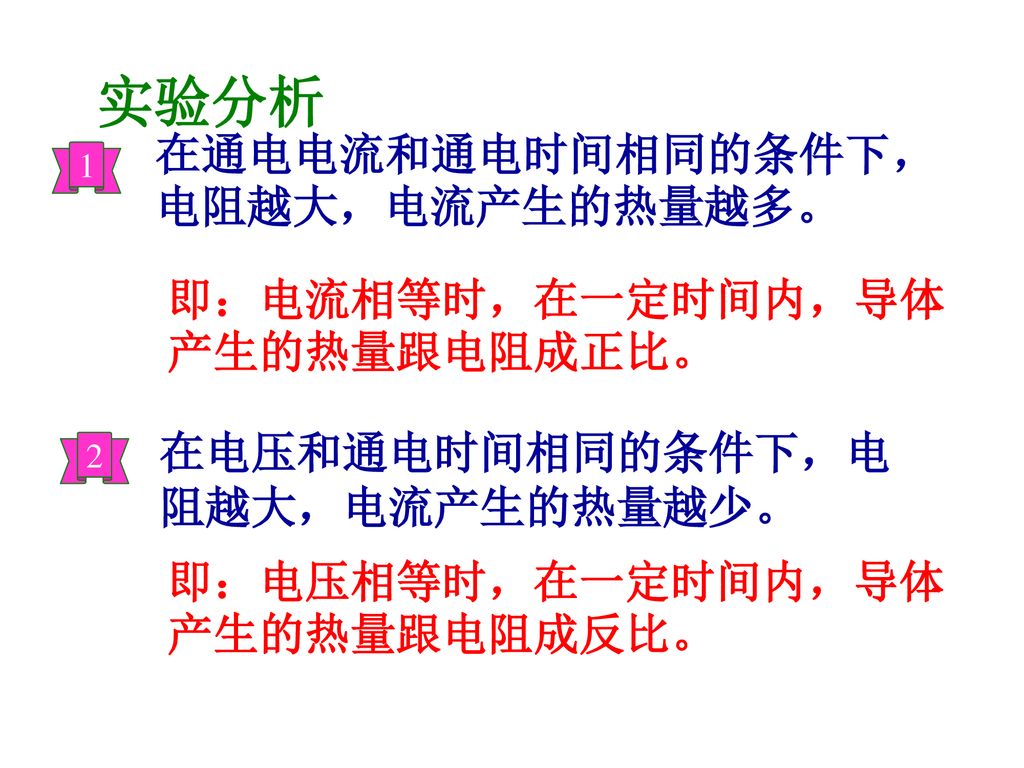 实验分析 在通电电流和通电时间相同的条件下，电阻越大，电流产生的热量越多。 即：电流相等时，在一定时间内，导体产生的热量跟电阻成正比。