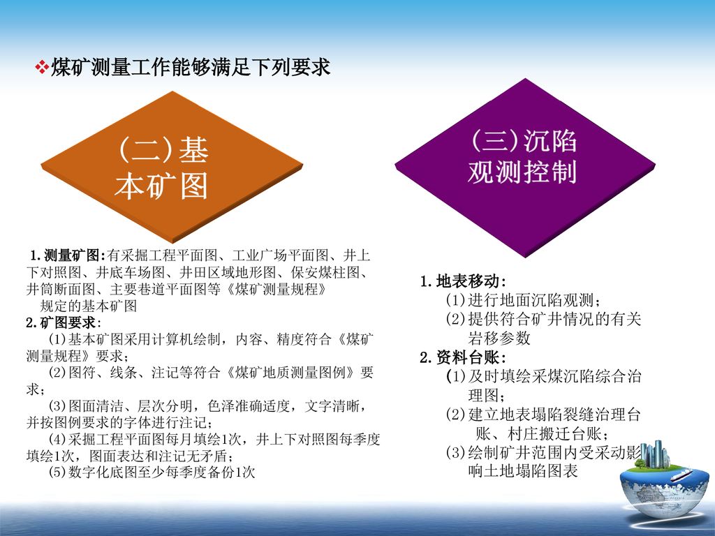 (二)基本矿图 (三)沉陷观测控制 煤矿测量工作能够满足下列要求 1.地表移动: (1)进行地面沉陷观测； (2)提供符合矿井情况的有关