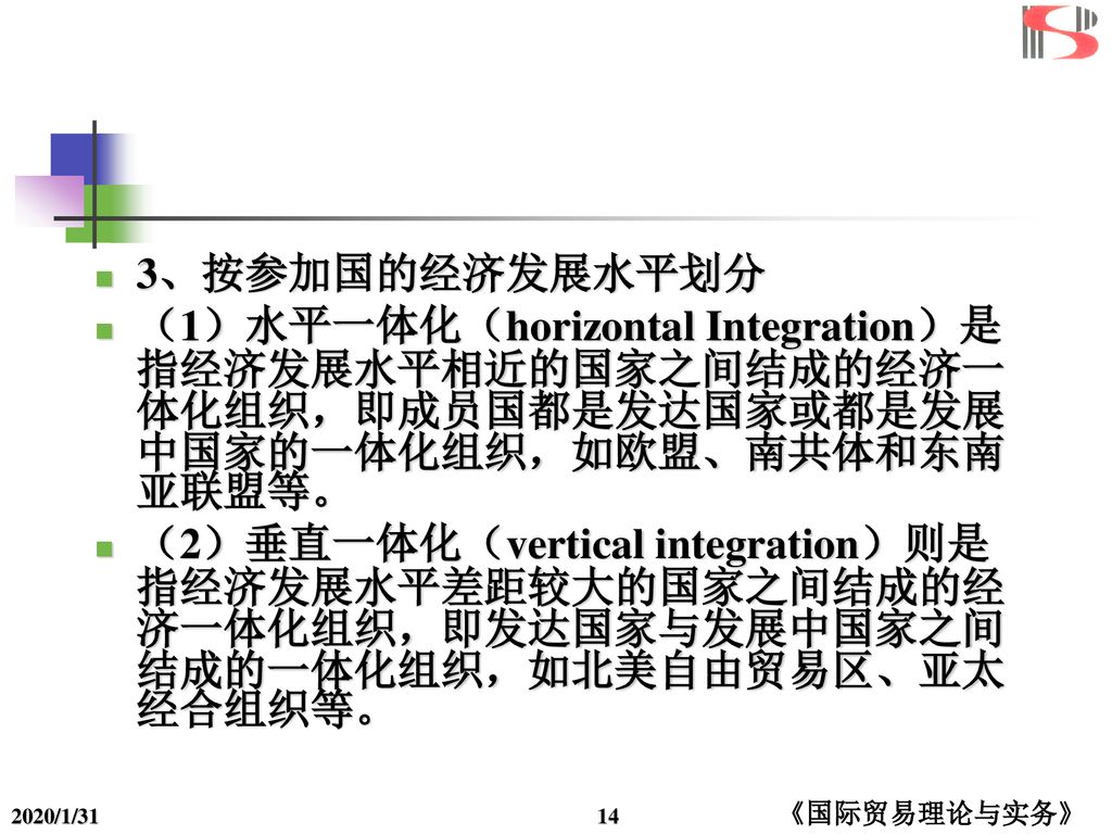 3、按参加国的经济发展水平划分 （1）水平一体化（horizontal Integration）是指经济发展水平相近的国家之间结成的经济一体化组织，即成员国都是发达国家或都是发展中国家的一体化组织，如欧盟、南共体和东南亚联盟等。