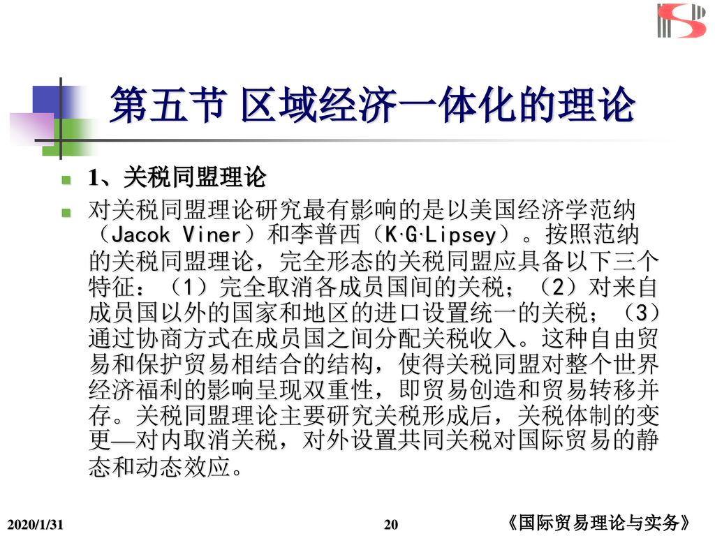 第五节 区域经济一体化的理论 1、关税同盟理论