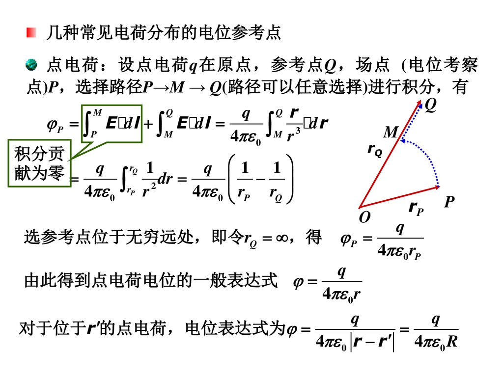 点电荷：设点电荷q在原点，参考点Q，场点 (电位考察点)P，选择路径P→M → Q(路径可以任意选择)进行积分，有