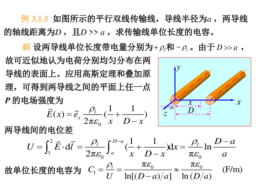 例 如图所示的平行双线传输线，导线半径为a ，两导线的轴线距离为D ，且D >> a ，求传输线单位长度的电容。