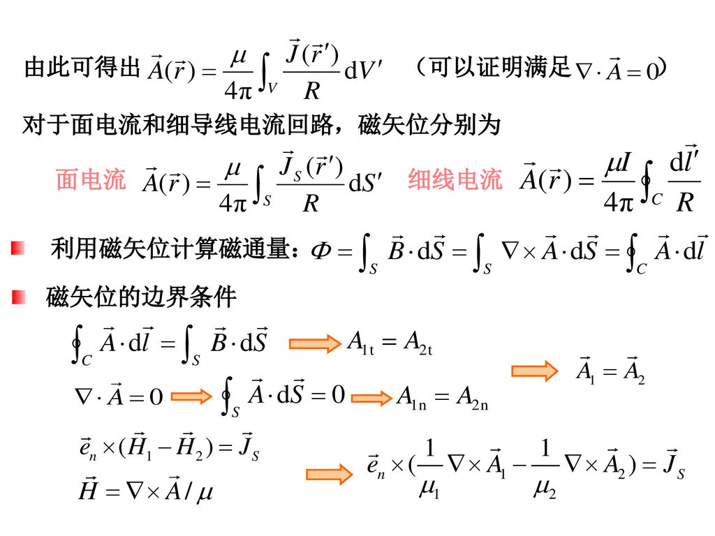 由此可得出 （可以证明满足 ） 对于面电流和细导线电流回路，磁矢位分别为 细线电流： 面电流： 利用磁矢位计算磁通量： 磁矢位的边界条件