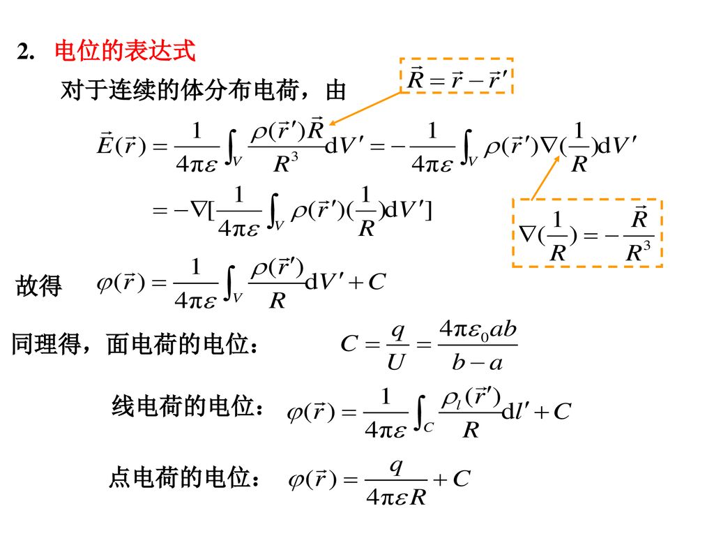 2. 电位的表达式 对于连续的体分布电荷，由 故得 同理得，面电荷的电位： 线电荷的电位： 点电荷的电位：