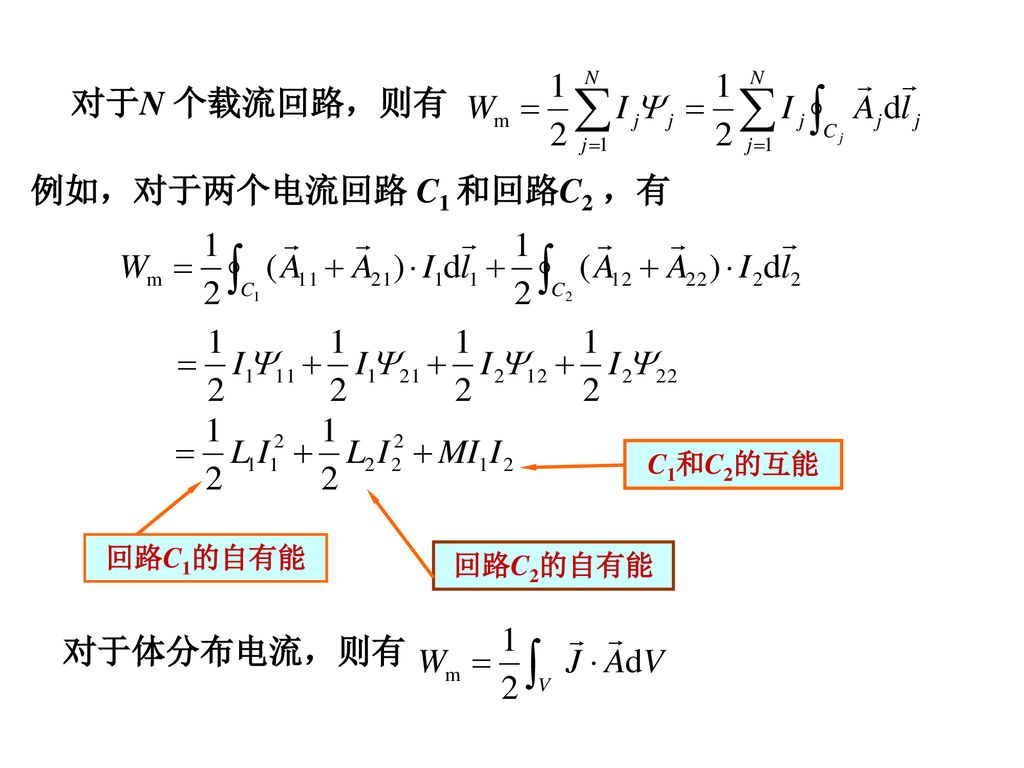 例如，对于两个电流回路 C1 和回路C2 ，有 对于体分布电流，则有 对于N 个载流回路，则有 C1和C2的互能 回路C1的自有能