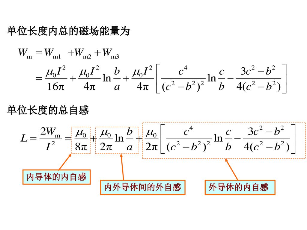 单位长度内总的磁场能量为 单位长度的总自感 外导体的内自感 内导体的内自感 内外导体间的外自感