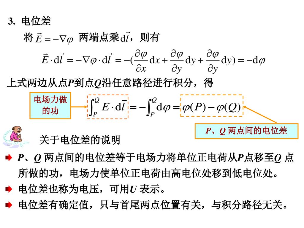 上式两边从点P到点Q沿任意路径进行积分，得