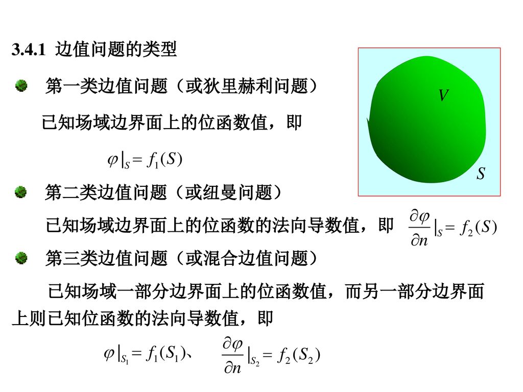 3.4.1 边值问题的类型 第一类边值问题（或狄里赫利问题） 已知场域边界面上的位函数值，即. 第二类边值问题（或纽曼问题） 已知场域边界面上的位函数的法向导数值，即. 第三类边值问题（或混合边值问题）