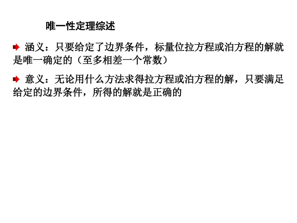 唯一性定理综述 涵义：只要给定了边界条件，标量位拉方程或泊方程的解就是唯一确定的（至多相差一个常数） 意义：无论用什么方法求得拉方程或泊方程的解，只要满足给定的边界条件，所得的解就是正确的