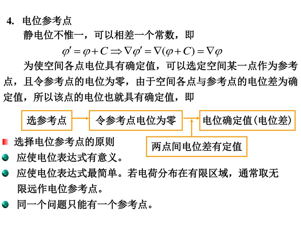 4. 电位参考点 静电位不惟一，可以相差一个常数，即. 为使空间各点电位具有确定值，可以选定空间某一点作为参考点，且令参考点的电位为零，由于空间各点与参考点的电位差为确定值，所以该点的电位也就具有确定值，即.