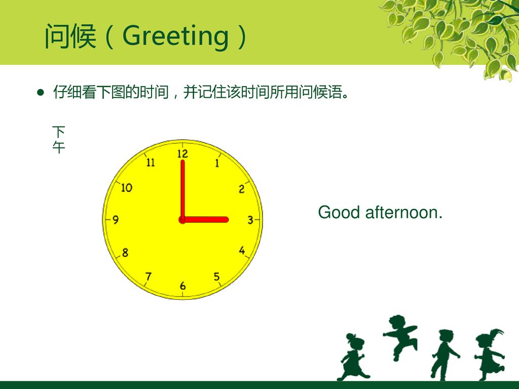 问候（Greeting） ● 仔细看下图的时间，并记住该时间所用问候语。 下午 Good afternoon.