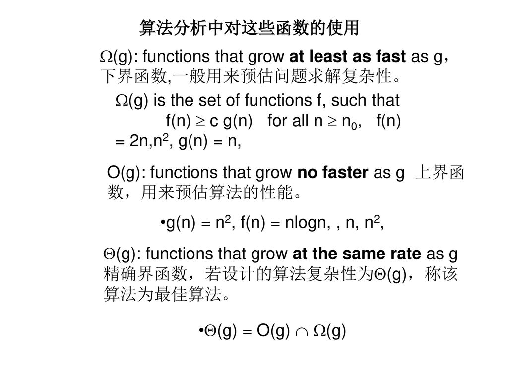 算法分析中对这些函数的使用 (g): functions that grow at least as fast as g，下界函数,一般用来预估问题求解复杂性。 (g) is the set of functions f, such that.