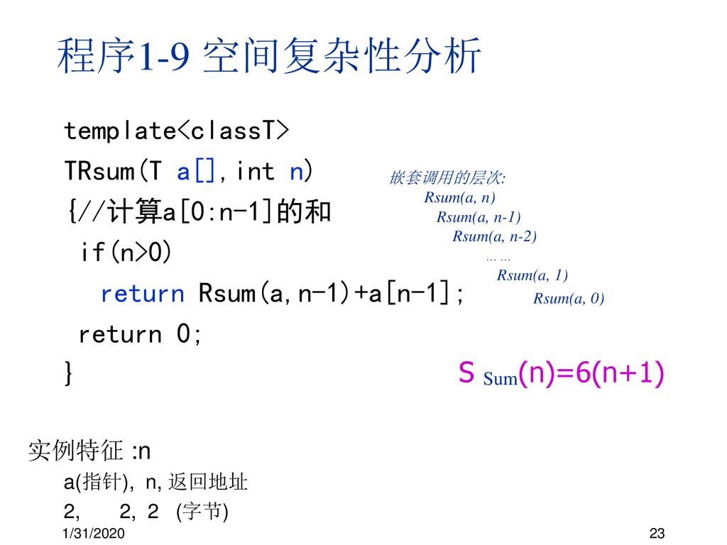 程序1-9 空间复杂性分析 template<classT> TRsum(T a[],int n)