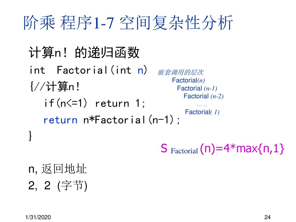 阶乘 程序1-7 空间复杂性分析 计算n！的递归函数 int Factorial(int n) {//计算n！