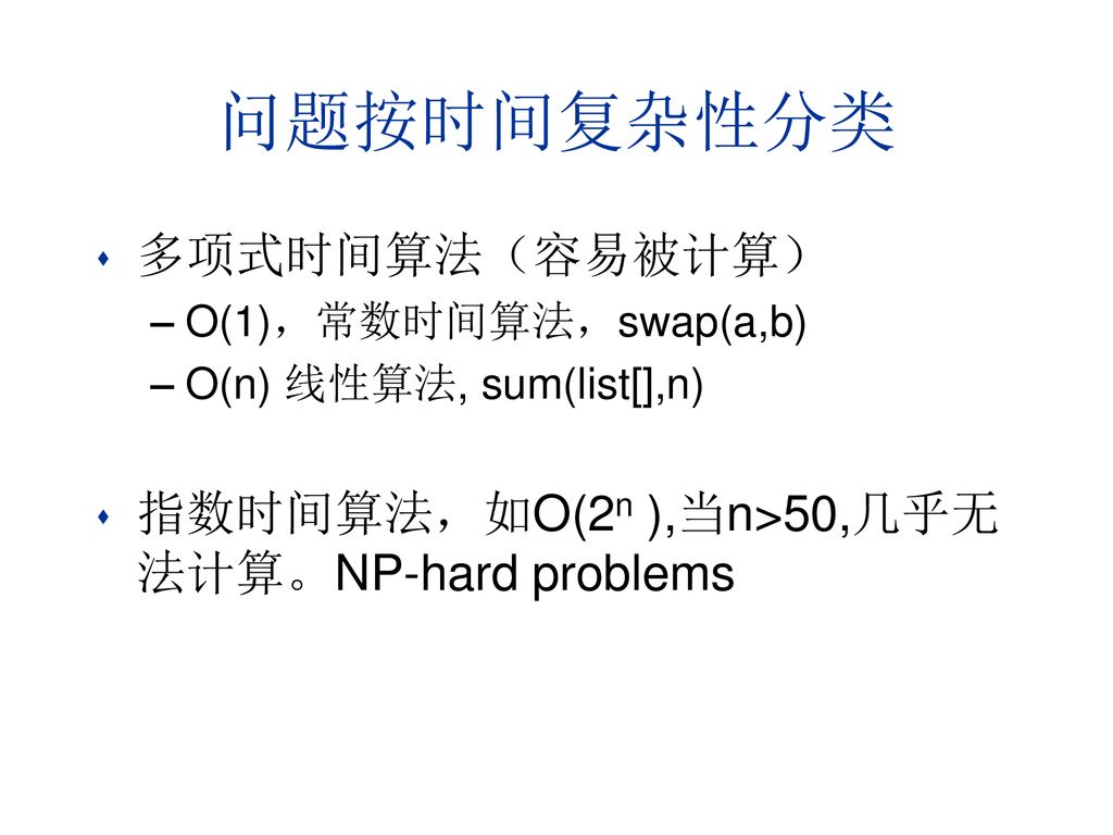 问题按时间复杂性分类 多项式时间算法（容易被计算）