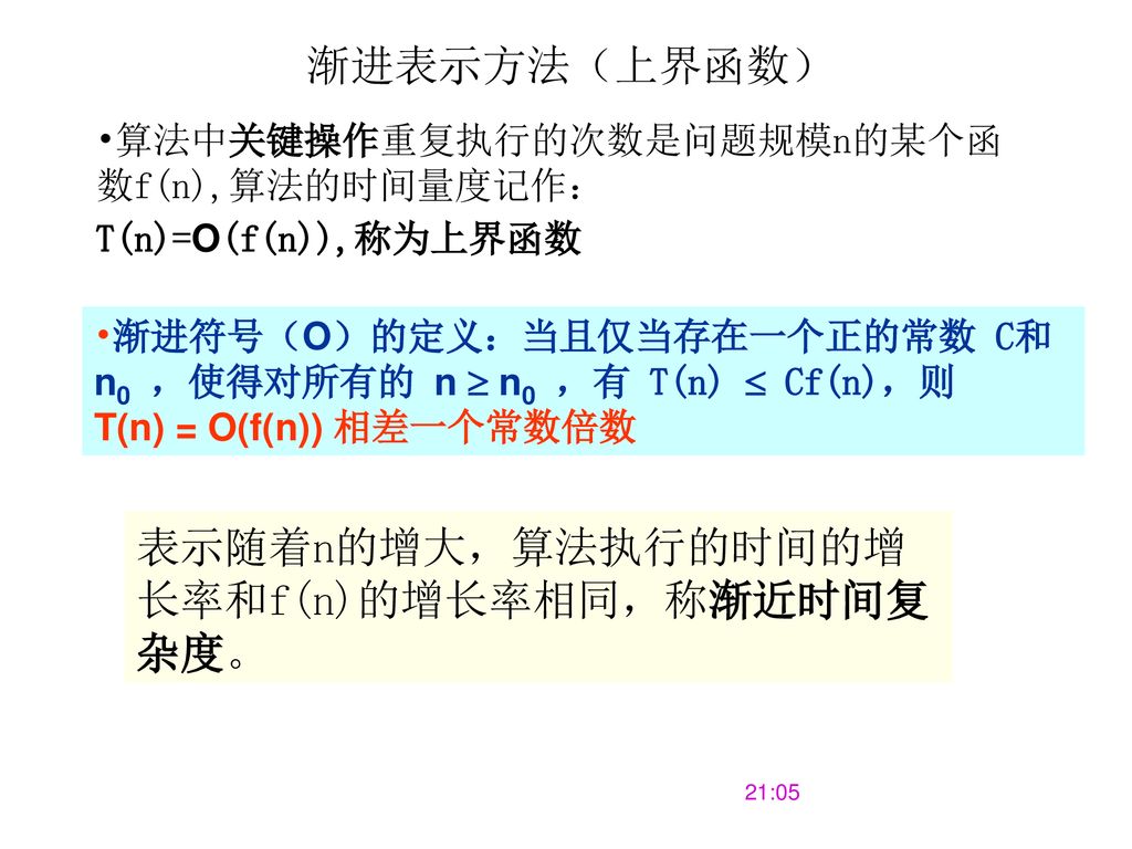 表示随着n的增大，算法执行的时间的增长率和f(n)的增长率相同，称渐近时间复杂度。