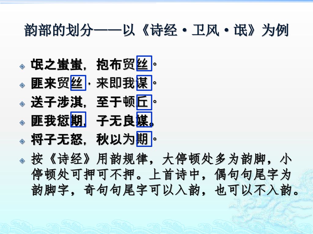 韵部的划分——以《诗经·卫风·氓》为例 氓之蚩蚩，抱布贸丝。 匪来贸丝，来即我谋。 送子涉淇，至于顿丘。 匪我愆期，子无良媒。