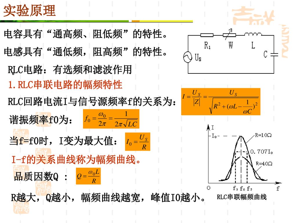 实验原理 电容具有 通高频、阻低频 的特性。 电感具有 通低频，阻高频 的特性。 RLC电路：有选频和滤波作用 1.RLC串联电路的幅频特性