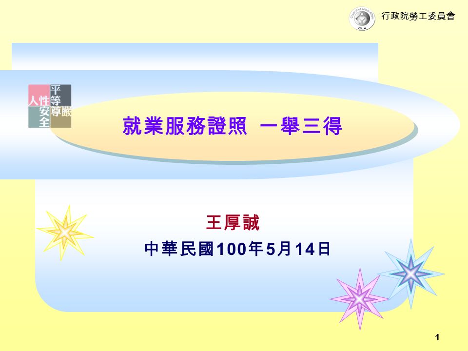 行政院勞工委員會1 就業服務證照一舉三得王厚誠中華民國100 年5 月14 日 行政院勞工委員會2 技術士證是甚麼碗糕 職業訓練法的規定技能檢定合格 者稱技術士 由中央主管機關統一發給技術士證 進用技術性職位人員 取得乙級技術士證者 得比照職業學校畢業程度遴用