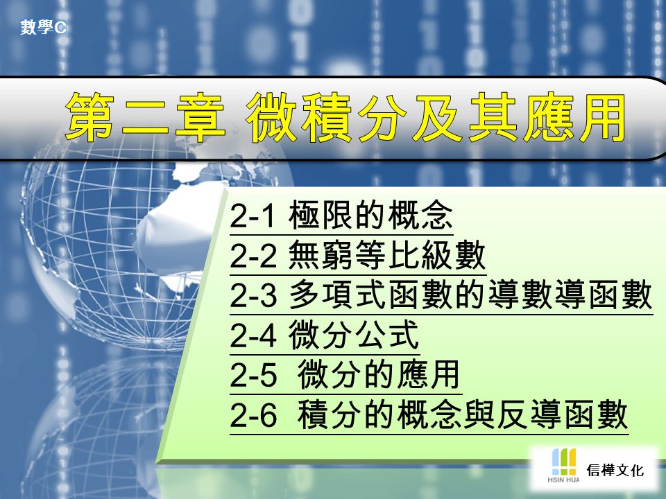 2 1 極限的概念2 2 無窮等比級數2 3 多項式函數的導數導函數2 4 微分公式2 5 微分的應用2 6 積分的概念與反導函數信樺文化 Ppt Download