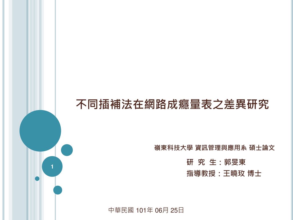 不同插補法在網路成癮量表之差異研究研究生 郭旻東指導教授 王曉玫博士嶺東科技大學資訊管理與應用系碩士論文 Ppt