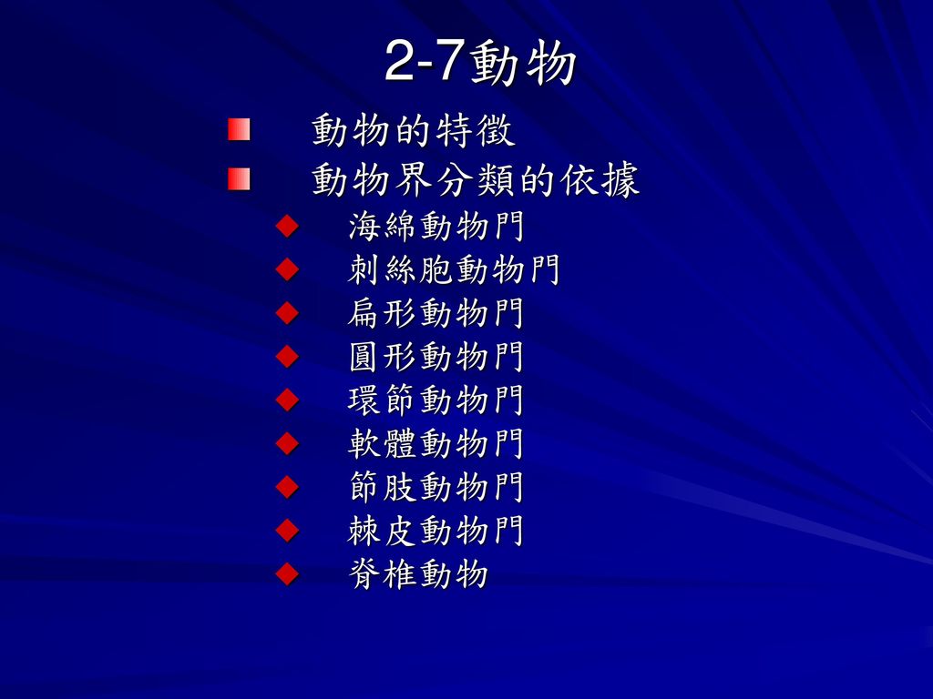 2 7動物動物的特徵動物界分類的依據海綿動物門刺絲胞動物門扁形動物門圓形動物門環節動物門軟體動物門節肢動物門棘皮動物門