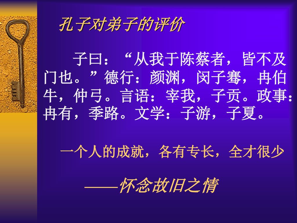 孔子对弟子的评价子曰 从我于陈蔡者 皆不及门也 德行 颜渊 闵子骞 冉伯牛 仲弓 言语 宰我 子贡 政事 冉有 季路 文学 子游 子夏 一个人的成就 各有专长 全才很少