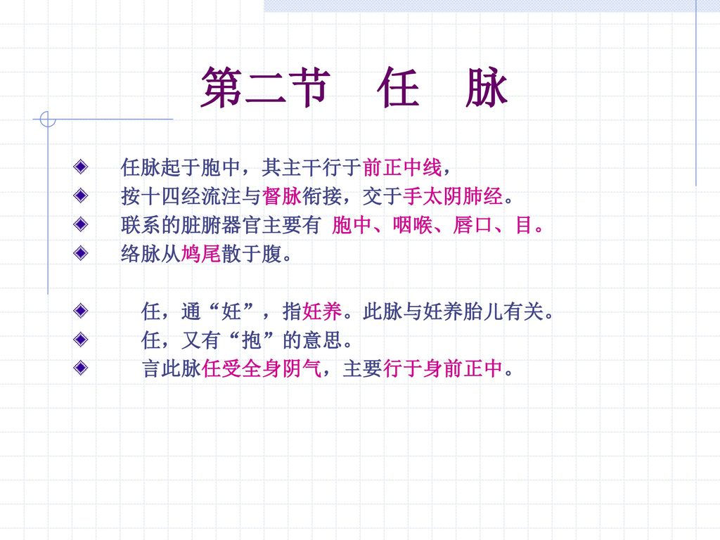 第二节任脉任脉起于胞中 其主干行于前正中线 按十四经流注与督脉衔接 交于手太阴肺经 联系的脏腑器官主要有胞中 咽喉 唇口 目 Ppt Download