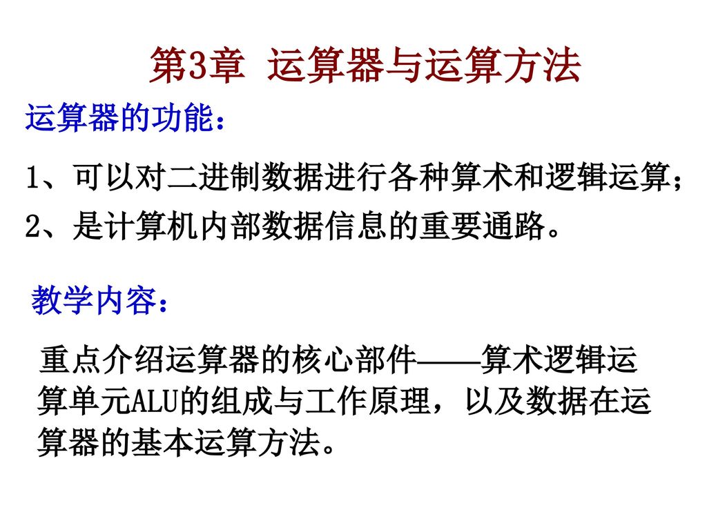 第3章运算器与运算方法运算器的功能 1 可以对二进制数据进行各种算术和逻辑运算 2 是计算机内部数据信息的重要通路 教学内容 Ppt Download