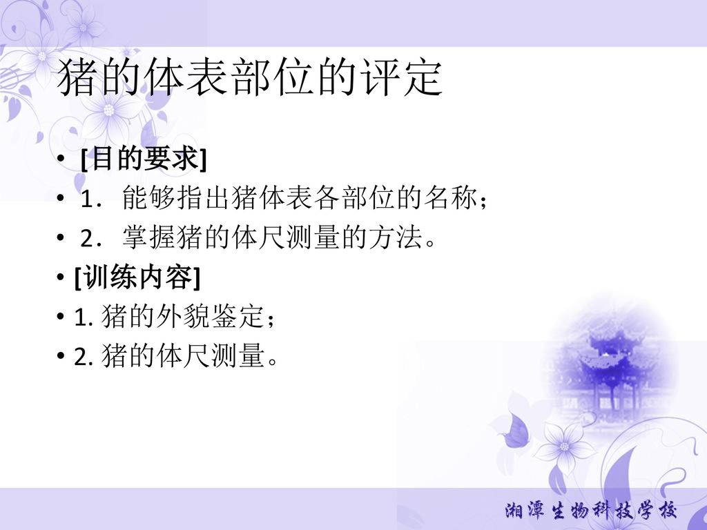 猪的体表部位的评定 目的要求 1 能够指出猪体表各部位的名称 2 掌握猪的体尺测量的方法 训练内容 1 猪的外貌鉴定 Ppt Download