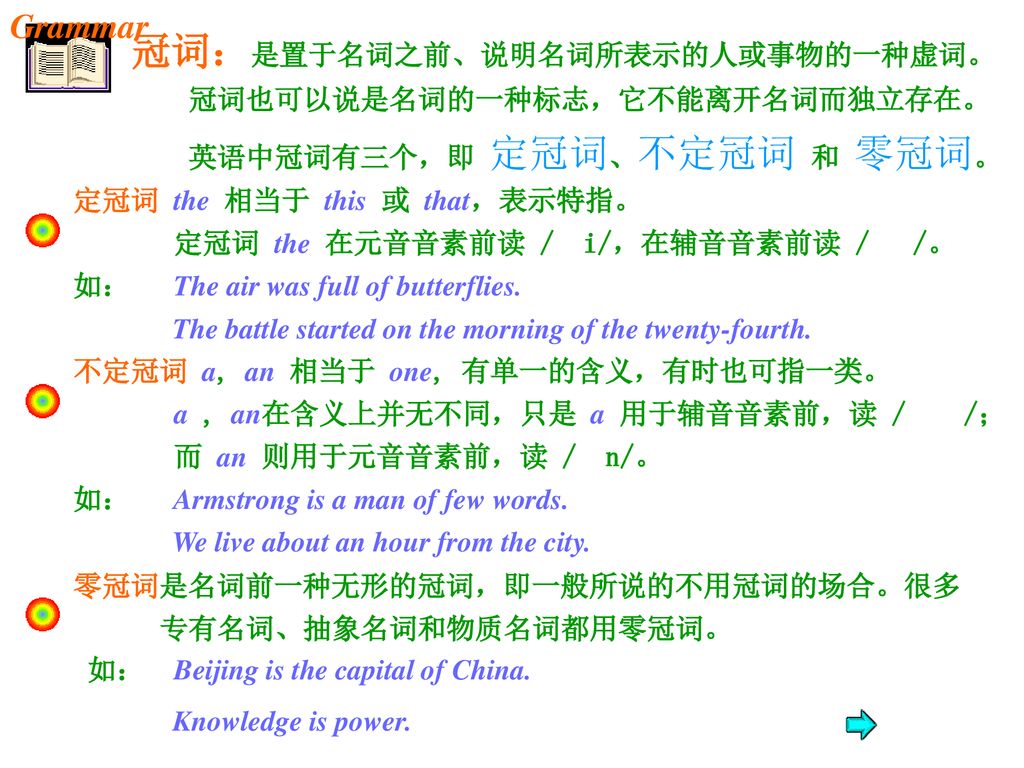 Grammar 冠词 是置于名词之前 说明名词所表示的人或事物的一种虚词 冠词也可以说是名词的一种标志 它不能离开名词而独立存在 Ppt Download