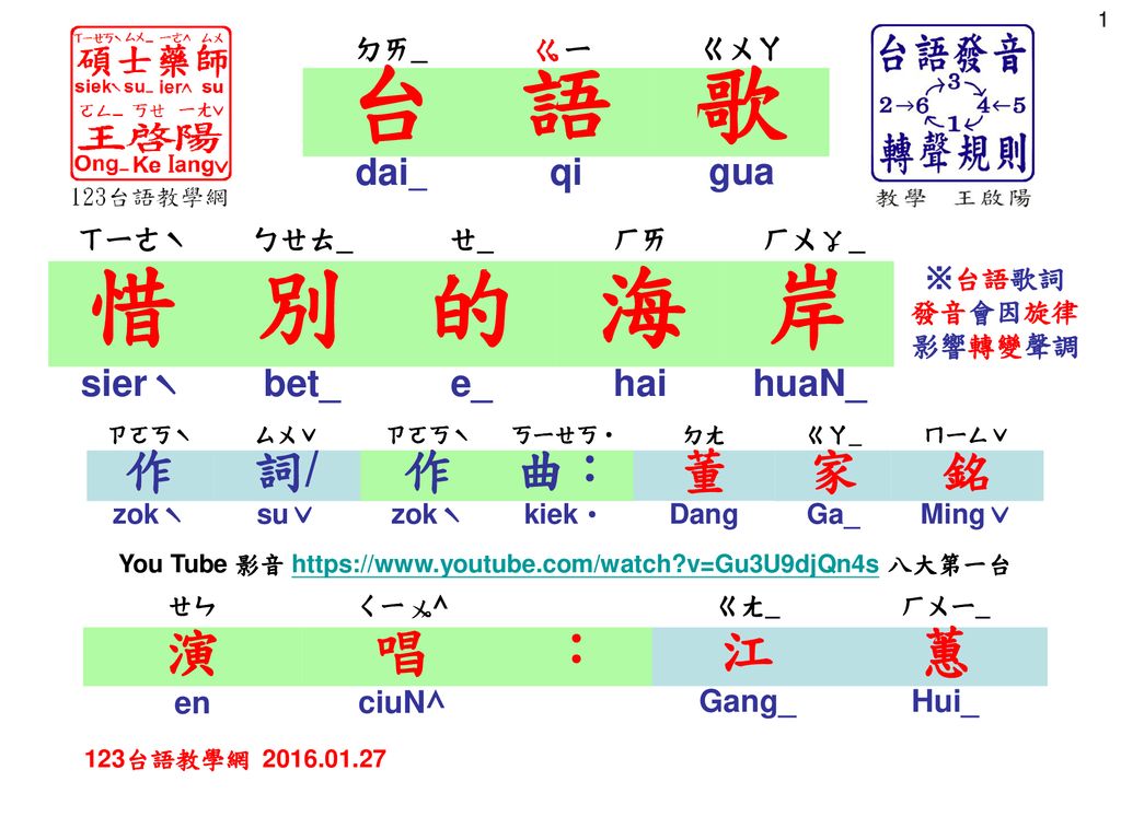 ㄉㄞ ㄧㄍㄨㄚ台語歌dai Qi Gua ㄒㄧㄜˋ ㄅㄝㄊ ㄝ ㄏㄞㄏㄨ 惜別的海岸 台語歌詞