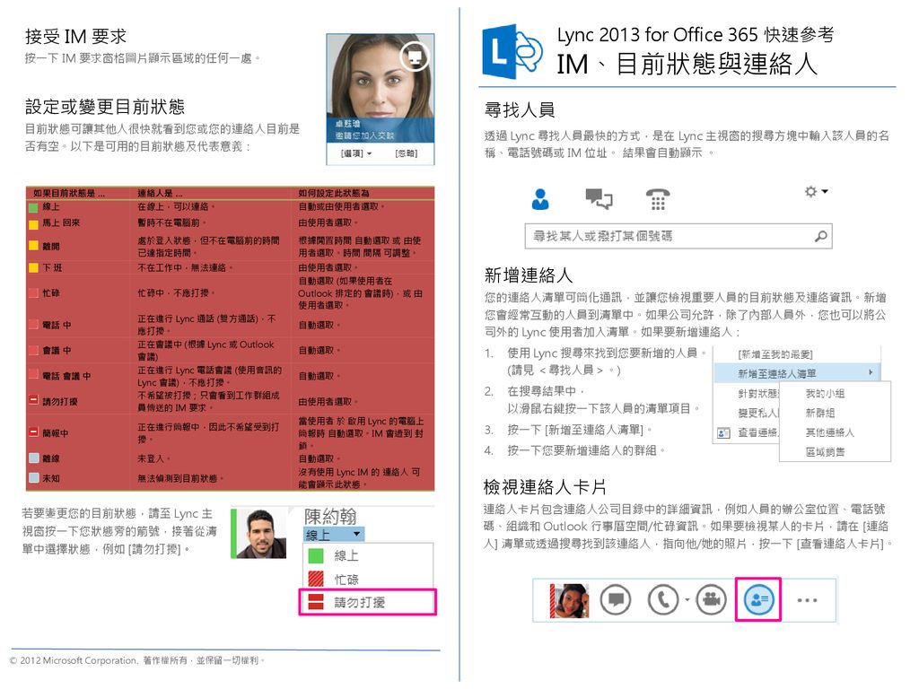 Im 目前狀態與連絡人接受im 要求lync 2013 For Office 365 快速參考設定或變更目前狀態尋找人員 Ppt Download