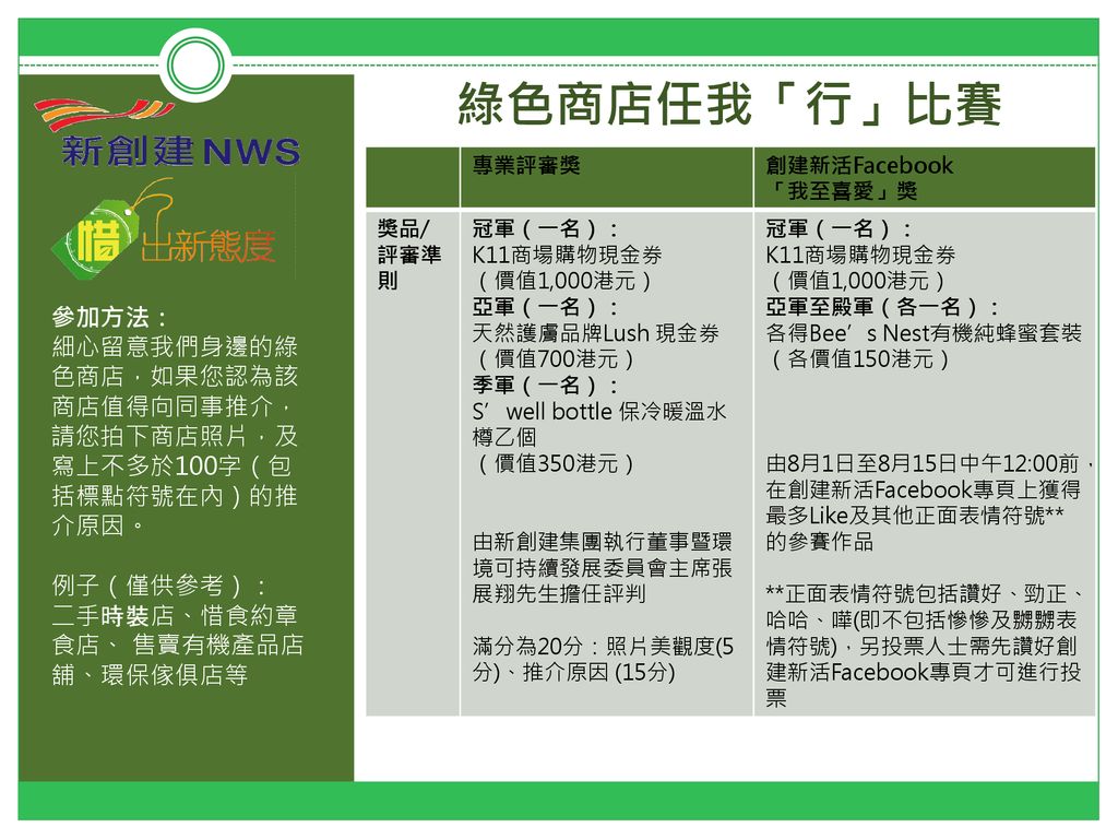 綠色商店任我 行 比賽專業評審獎創建新活facebook 我至喜愛 獎獎品 評審準則 Ppt Download