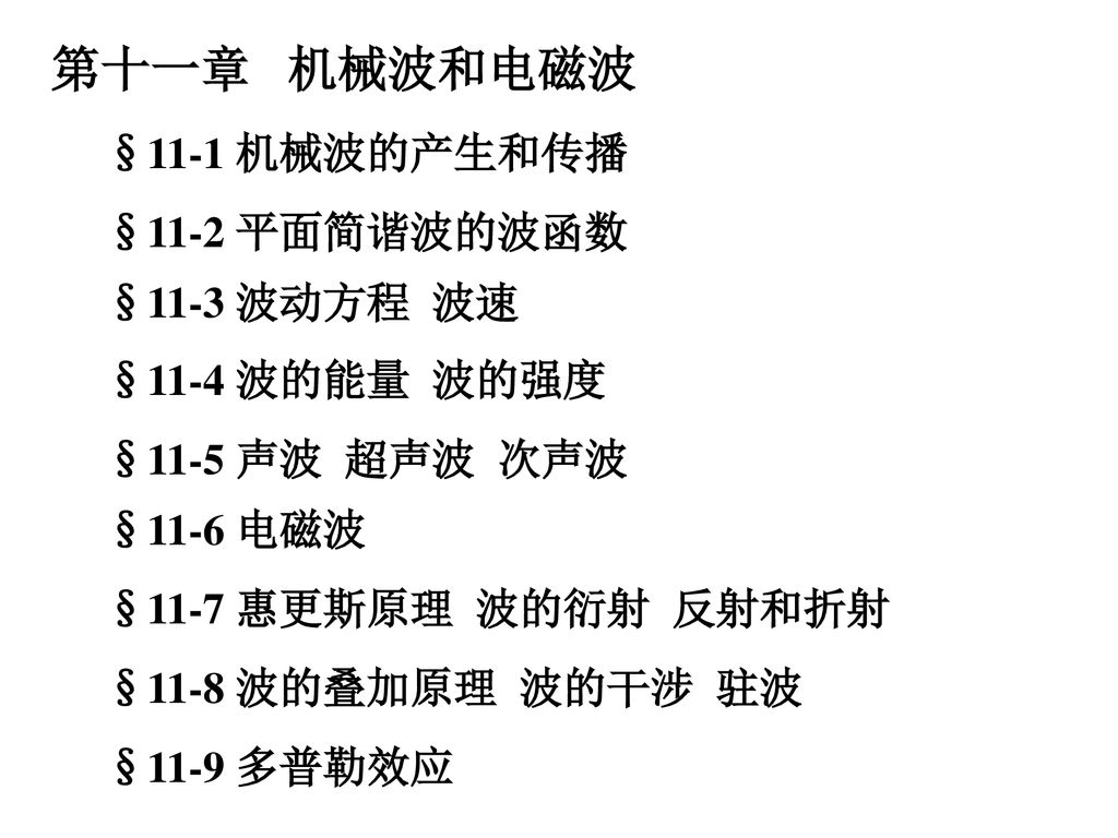 第十一章机械波和电磁波 11 1 机械波的产生和传播 11 2 平面简谐波的波函数 11 3 波动方程波速 Ppt Download