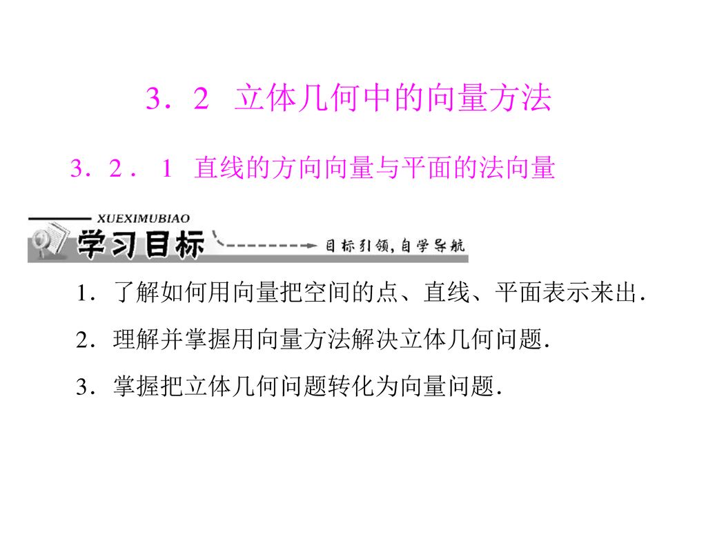 3 2 立体几何中的向量方法3 2 1 直线的方向向量与平面的法向量1 了解如何用向量把空间的点 直线 平面表示来出 Ppt Download