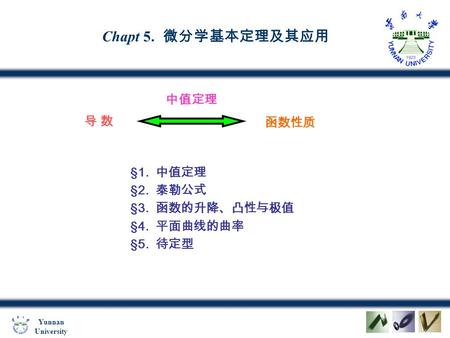 Yunnan University Chapt 5. 微分学基本定理及其应用 导 数导 数 函数性质 中值定理 §1. 中值定理 §2. 泰勒公式 §3. 函数的升降、凸性与极值 §4. 平面曲线的曲率 §5. 待定型.