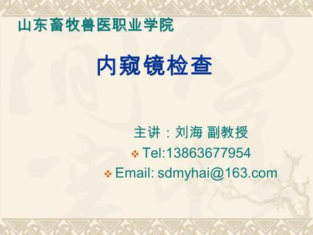 内窥镜检查 主讲：刘海 副教授  Tel:13863677954    山东畜牧兽医职业学院.
