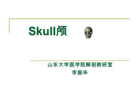 Skull 颅 山东大学医学院解剖教研室 李振华. Skull 颅 The skull is composed of 23 bones, which may be divided into the cerebral cranium 脑颅 and facial cranium 面颅.