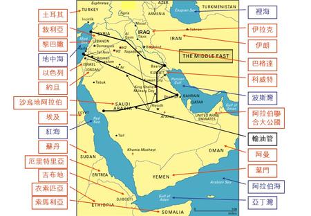 IRAQ 科威特 波斯灣 伊拉克 裡海 阿拉伯聯 合大公國 阿曼 葉門 阿拉伯海 亞丁灣 土耳其 敘利亞 黎巴嫩 以色列 約旦 沙烏地阿拉伯 埃及 紅海 伊朗 巴格達 蘇丹 厄里特里亞 吉布地 衣索匹亞 索馬利亞 輸油管 地中海.
