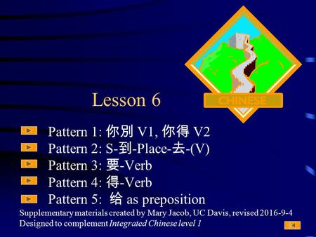 Supplementary materials created by Mary Jacob, UC Davis, revised 2016-9-4 Designed to complement Integrated Chinese level 1 Lesson 6 Pattern 1: 你別 V1,