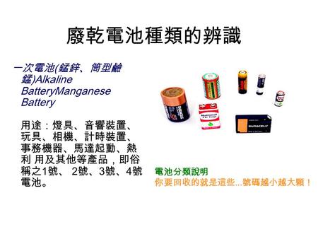 廢乾電池種類的辨識 一次電池 ( 錳鋅、筒型鹼 錳 )Alkaline BatteryManganese Battery 用途：燈具、音響裝置、 玩具、相機、計時裝置、 事務機器、馬達起動、熱 利 用及其他等產品，即俗 稱之 1 號、 2 號、 3 號、 4 號 電池。 電池分類說明 你要回收的就是這些...