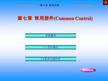 第七章 常用控件 7.1 控件概述 7.2 常用内部控件 本章要求 返回目录 第七章 常用控件 (Common Control)