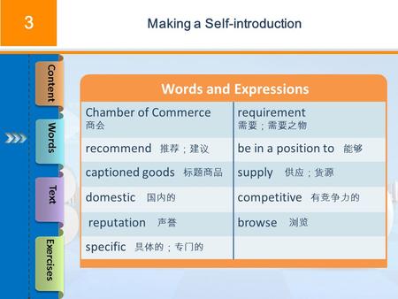 Making a Self-introduction 3 Words and Expressions Words Text Exercises Content Chamber of Commerce 商会 requirement 需要；需要之物 recommend 推荐；建议 be in a position.