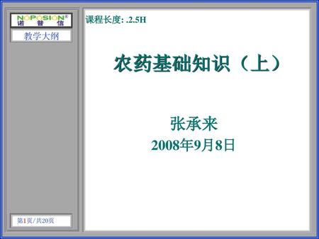 课程长度: .2.5H 农药基础知识（上） 张承来 2008年9月8日.