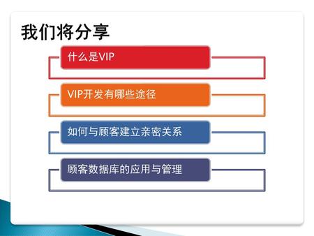 我们将分享 什么是VIP VIP开发有哪些途径 如何与顾客建立亲密关系 顾客数据库的应用与管理