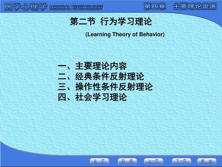 第二节 行为学习理论 一、主要理论内容 二、经典条件反射理论 三、操作性条件反射理论 四、社会学习理论