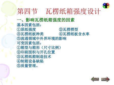 第四节 瓦楞纸箱强度设计 一、影响瓦楞纸箱强度的因素 基本因素包括： ①原纸强度 ②瓦楞楞型 ③瓦楞纸板种类 ④瓦楞纸板含水率