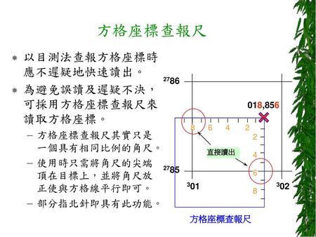 方格座標查報尺 以目測法查報方格座標時應不遲疑地快速讀出。 為避免誤讀及遲疑不決，可採用方格座標查報尺來讀取方格座標。